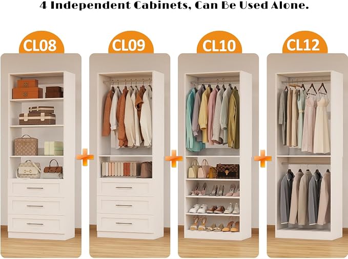 Closet System with 4 Sets, 8-21FT Closet Organizer Systems with 6 Drawers & 8 Hanging Rods & Adjustable Shelves, Walk in Closet Freestanding Closet System Modular Closet System Set White