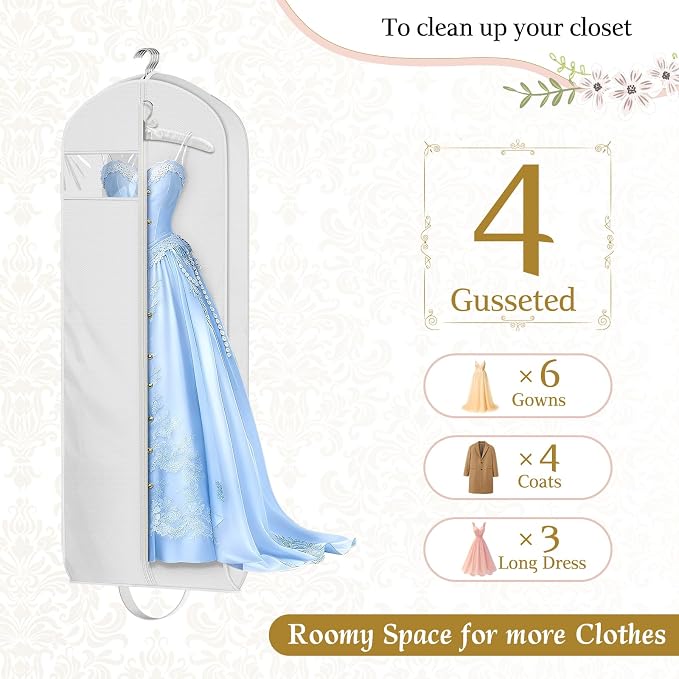 KEETDY Wedding Dress Garment Bag for Travel with 4" Gusseted Long Hanging Dress Bags for Gowns for Women Garment Cover Clothes Storage for Closet (white, 65 inch)