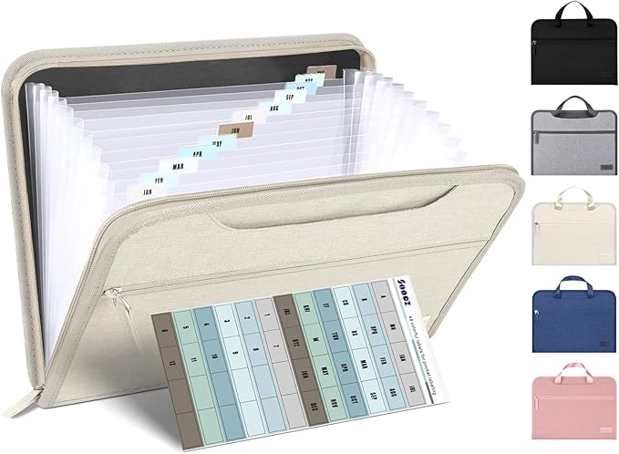 Sooez Heavy Duty Accordion File Organizer with Hidden Handle, Portable 12 Pockets Expanding File Folders, Cloth Monthly Bills Receipt Organizer for Letter/A4, School Classroom Home & Office Supplies