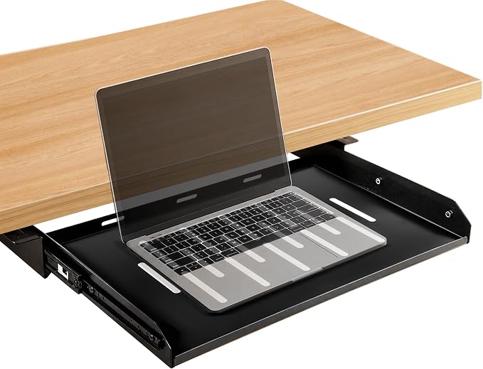 Under Desk Laptop Drawer with Air Vents, 16.3" x 12" Metal Laptop Drawer | Pull Out Under-Desktop Storage for Laptop & Accessories