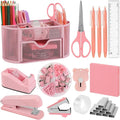 Pink Office Supplies for Desk,14pcs Desk Sets and Accessories, Office Supply Kit with Mesh Desktop Organizer and Stapler,Staple Remover, Staples,Tape Dispenser,Sticky Tabs,Scissors, Ruler