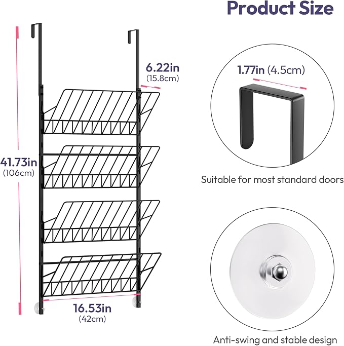 SWTYMIKI Over the Door Shoe Organizer - Adjustable 4 Tier Hanging Shoe Rack Organizer, Metal Heavy Duty Behind Door Storage or Wall Mount Shoes Shelf for Flats, Heels, Sneakers, Boots Black