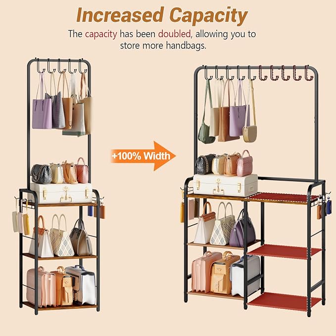 Large Purse Organizer for Closet, 3-Tier Double Row Purse Rack Stand with Hooks, 11.5" Depth Handbag Storage for Narrow Spaces, Sturdy Floor Standing Purse Shelf for Bedroom & Entryway, Black