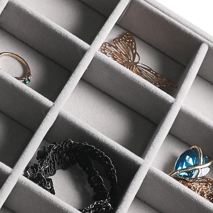 Frebeauty Jewelry Trays for Drawer,Set of 2 Jewelry Organizer and Storage | Velvet Material,Stackable,Adjustable Dividers,Drawer Inserts for Rings Studs Bracelet,Earring Organizer for Women Girls