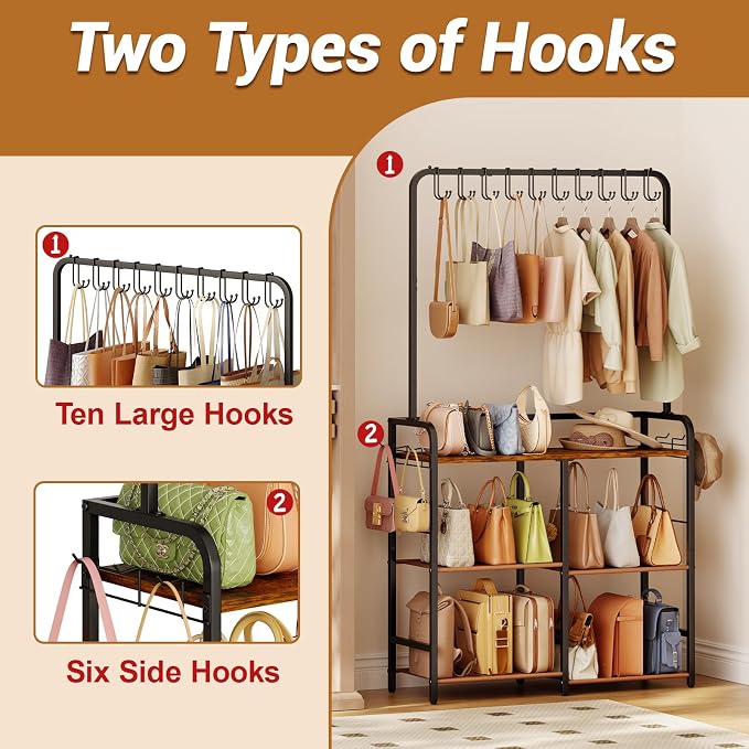 Large Purse Organizer for Closet, 3-Tier Double Row Purse Rack Stand with Hooks, 11.5" Depth Handbag Storage for Narrow Spaces, Sturdy Floor Standing Purse Shelf for Bedroom & Entryway, Black