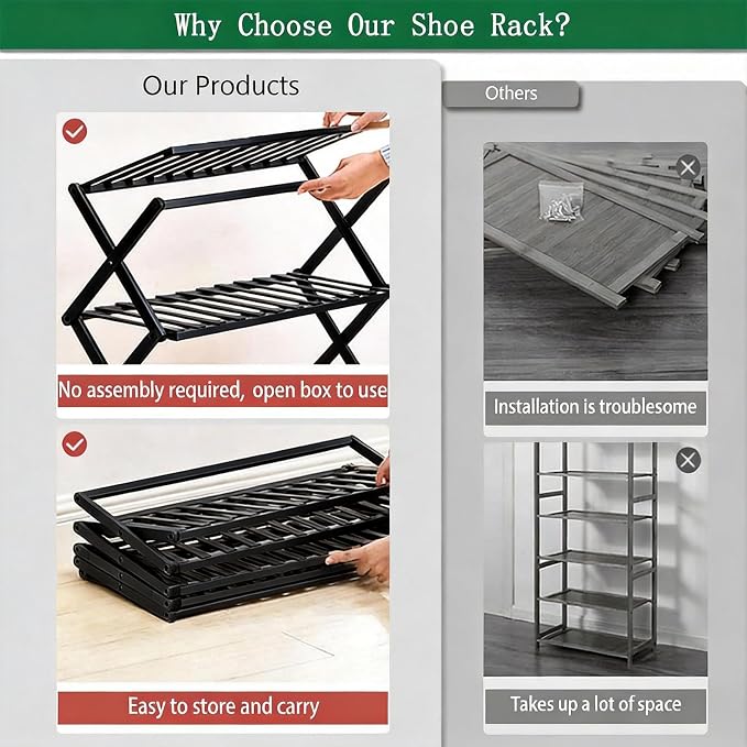 3 Tier Bamboo Shoe Rack Black,Portable Folding Shoe Storage Rack,Without Installation Small Shoe Rack Perfect for Corridors, Drom, Bedrooms and Small Spaces