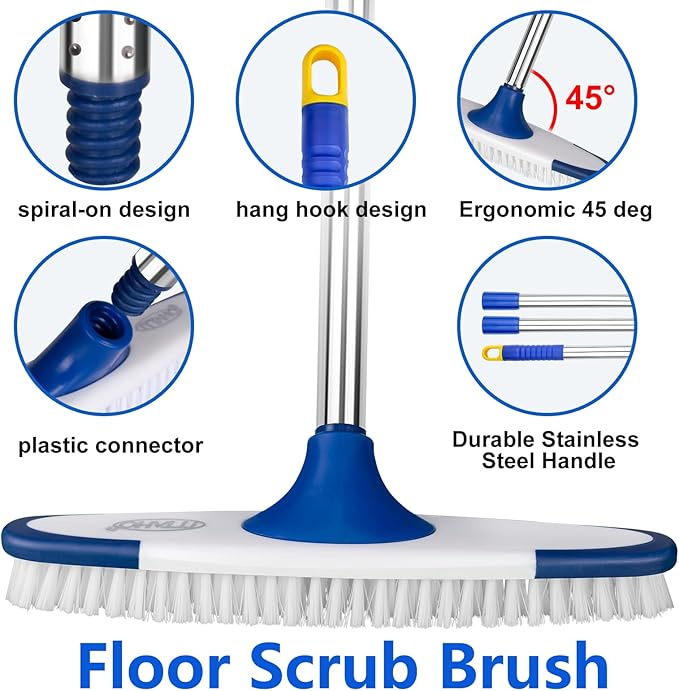 Floor Scrub Brush with Long Handle - 53" Deck & Grout Cleaner Brush Set for Tile, Marble, Stone, Bathroom, Patio, Garage, Deck & Floor Cleaning