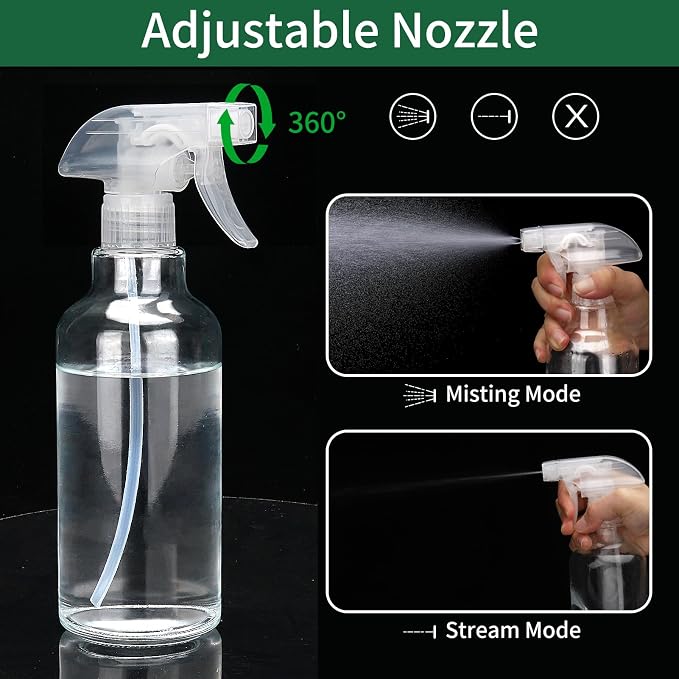Cosywell Glass Spray Bottles 16.9oz/500ml 2 Pack Clear Empty Spray Bottle | Mist/Stream Heavy Duty, Water Spraying Bottle, for Cleaning, Cooking Solutions, Hair Care, Including a funnel and two lid