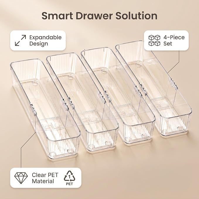 4-Piece Expandable Drawer Organizer Bins | Clear Plastic Adjustable Storage Trays Set for Kitchen Drawers, cutlery silverware,Refrigerator, Cabinet & Pantry