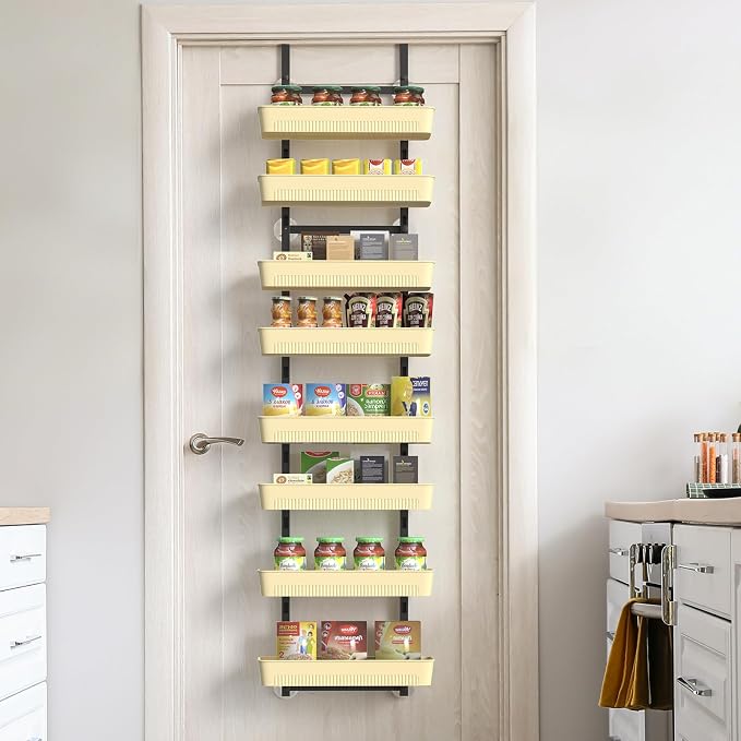 White 8-Tier Over the Door Organizer, Metal Over the Door Spice Rack with Adjustable Baskets, Hanging Behind the Door Storage for Pantry, Kitchen, Bathroom & Household Use