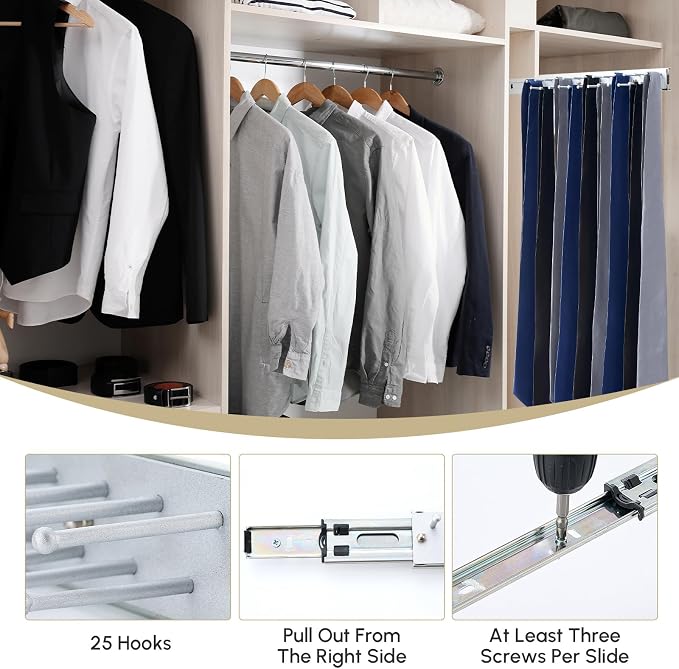 Blulu 3 Pcs 13.8'' Sliding Tie Rack Hangers for Closet, 25(Total 75) Tie Pull Out Wall Mounted Extending Sturdy Metal Belt Organizer Holder for Men Belt Storage, Sliver