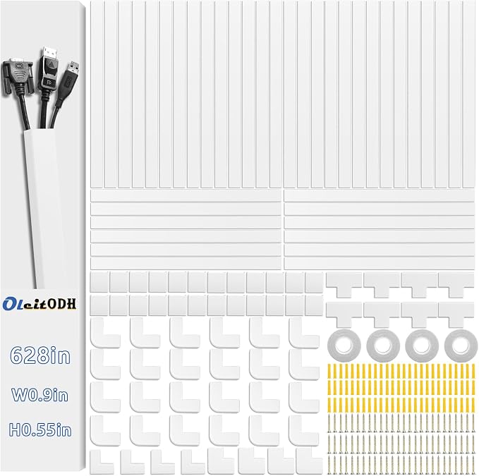 Cable Raceway Kit 628 Inch Cord Cover Channel Paintable Wire Hider | L15.7 x W0.95 x H0.55in Cable Concealer, Hide TV Wires & Power Cords, Wall Mount Cord Management for Home Office