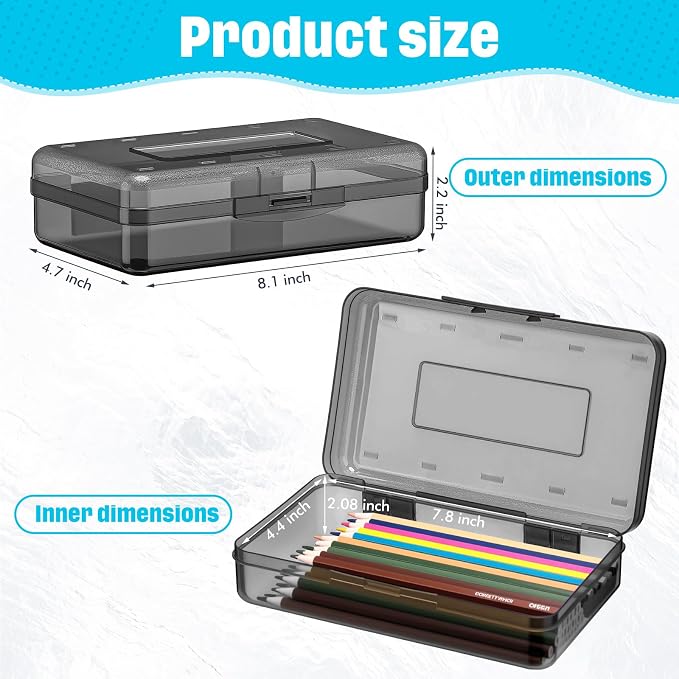 Blulu 6 Pack Large Plastic Pencil Case Box Clear Pencil Boxes Bulk Hard Crayon Box Storage with Snap Lids 8.1 x 4.7 x 2.2 Inch Painting Organizer Classroom Stationery School Supplies (Gray)