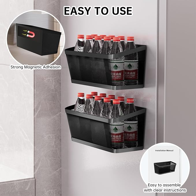 2Pcs Magnetic Spice Rack for Refrigerator, Black Magnetic Shelves | Powerful Magnet Hanging Basket Holder, Magnetic Organizer Shelf for Fridge, For Seasonings Fruit Vegetables Coffee Beans