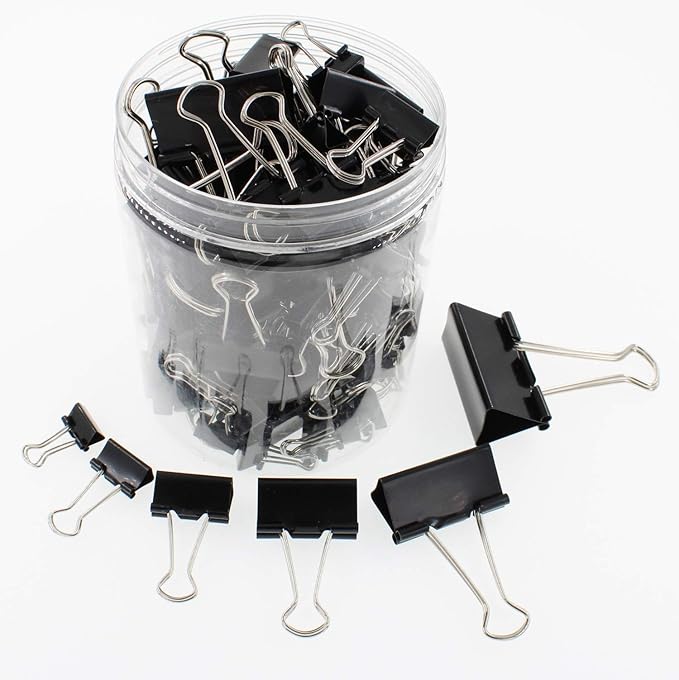 Assorted Sizes Binder Clips,Paper Clamps,Black Metal Fold Back Clips for Office School Supplies,Large, Medium,Small Size Metal Clips,Big Size Paper Holder,Elastic Rubber Band (120 PCS Black)