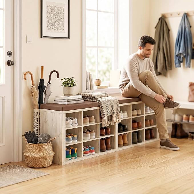 Shoe Rack Bench, Shoe Storage Bench with Cushion, Shoe Organizer 18 Cubbies for Entryway Hallway Bedroom Living Room, Holds Up to 400lbs