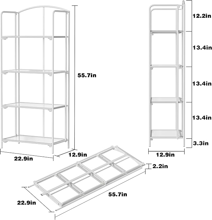 Crofy 4-Tier Foldable Bookshelf, White Frame & Transparent Shelves | No-Assembly Collapsible Portable Storage Organizer; Sturdy Transparent Shelves; Ideal for Living Room & Home Office