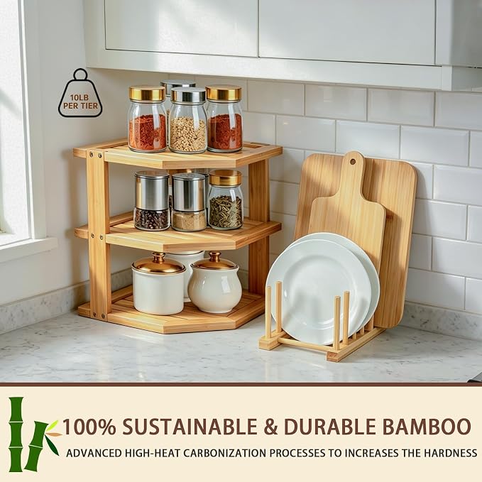 Bamboo Plate Organizer Set, 3 Tier Corner Shelf & Vertical Plate Rack,2 Set | Kitchen Cabinet Shelf,RV Countertop Dish Drying Rack,Cupboard Organizer for Plates,Bowls,Mugs,Cups,Lids,Cutting Boards