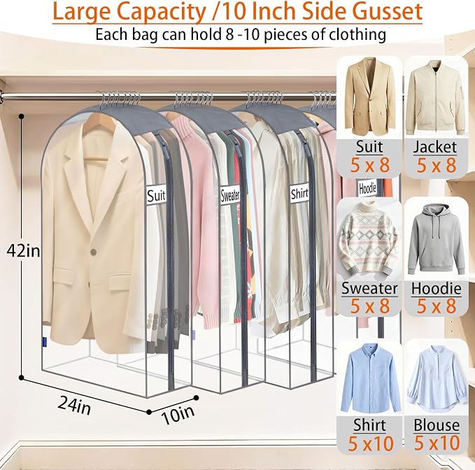 Clear Garment Bags for Hanging Clothes 10" Side Gusset, Suit Bags for Closet Storage, Suit Cover for Shirts Coats Dresses (24"X42"X10" 5Pack)