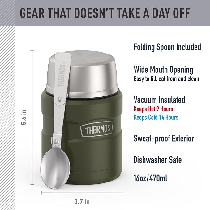 THERMOS Stainless King Vacuum-Insulated Food Jar with Spoon, 16 Ounce, Matte Army Green