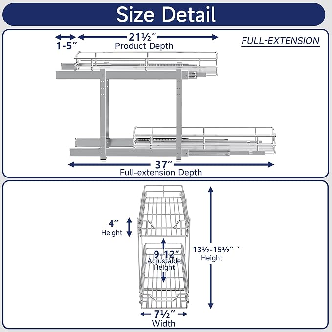 2-Tier Pull Out Cabinet Organizer, 7.5" W x 21.5" D, Heavy Duty Dual Slide Out Shelves for Narrow Base Cabinets, Chrome Wire Basket Drawer for Spices, Bottles & Snacks