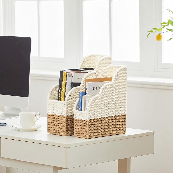 BROWNLILY Handwoven Paper Rope Magazine Holders with Scalloped Edge - Boho Desk Storage Organizers Set of 2 (Large & Small) for Books, Files, Home Office Decor