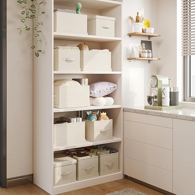 Small Fabric Storage Bins with Lids 12.6*9.5*7 in, 2-Pack Storage Baskets for Closet, Large Linen Organizers and Storage Bins for Bedroom, Collapsible Baskets and Bins with Handles, Off White