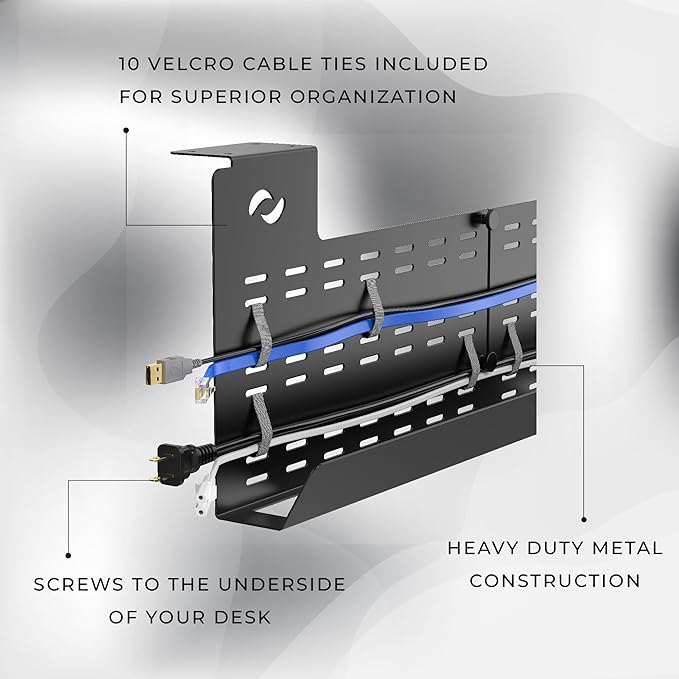 HumanCentric Under Desk Cable Management Tray and Computer Cord Raceway, Underdesk Cord Organizer, Standing Desk Cable and Wire Management, Heavy Duty, Included Straps, Medium, Black