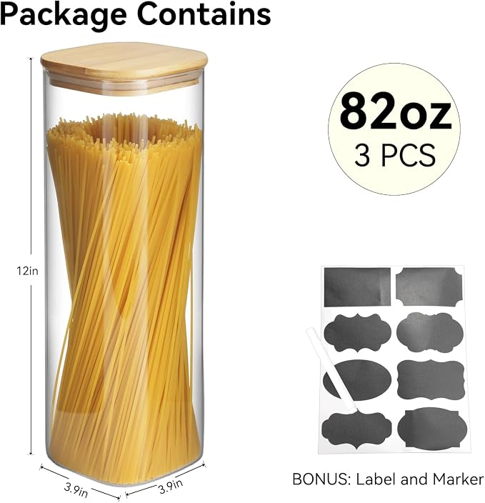 Glass Spaghetti Pasta Storage Container - 3 Pack 2.5 QT Airtight Food Storage Jar Set with Bamboo Lid Labels -Tall Square Kitchen Pantry Canister Organizers for Noodle Cookies Flour Cereal Coffee Bean
