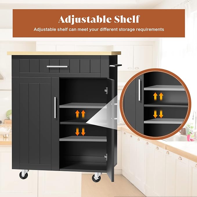 SUNLEI Kitchen Island Cart on Wheels with Storage Cabinet & Drawer, 26" Width Rolling Kitchen Table, Cart Handle for Towel Rack or Free Mobility, Kitchen Cart, Dining Room(Black)