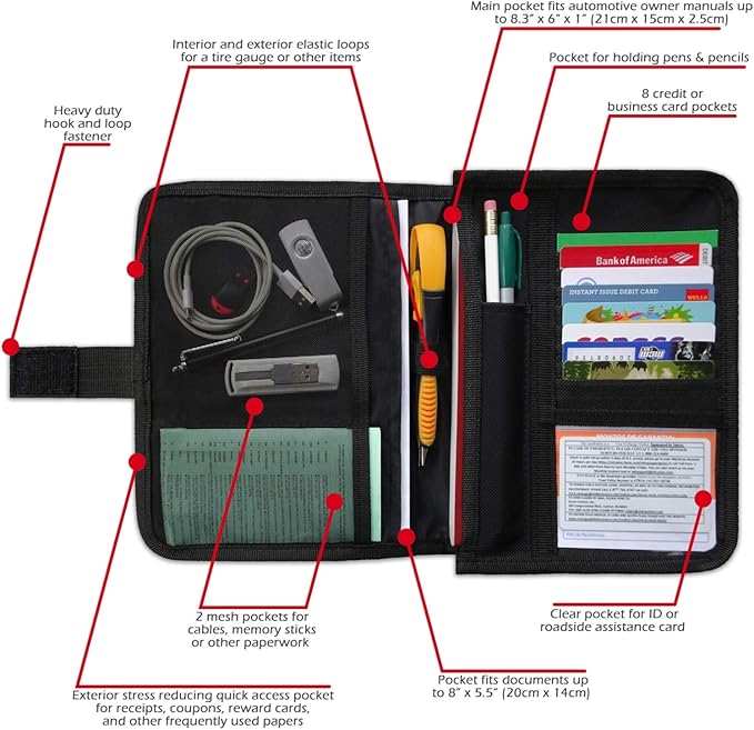 PlusXpres Glove Box Compartment Organizer - Car Document Holder - Black | Owner Manual Case Pouch, Vehicle Storage Wallet for Registration and Insurance Card, Auto Paperwork Holder, Log Book included