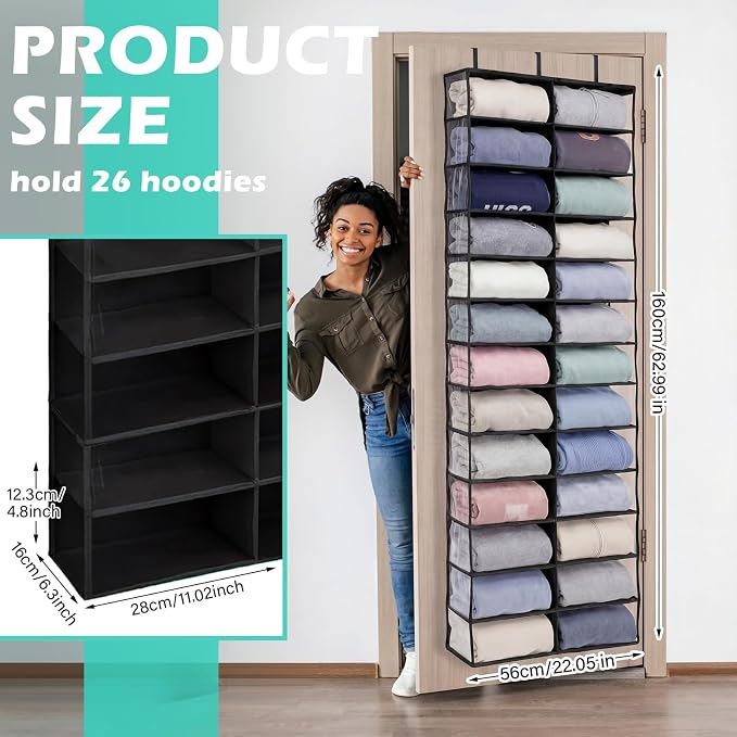 Over The Door Hoodie Organizer 26 Clear Pocket Sweatshirt Organizer with 3 Hooks Hanging Sweatshirt Hoodie Rack Holder Cabinet Behind The Doors for Dormitory Bedroom Closet Storage(Black)