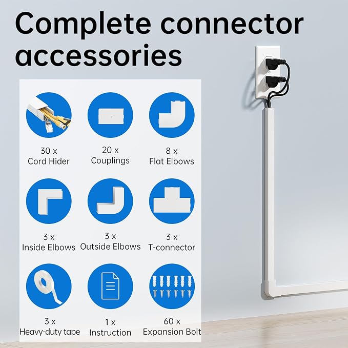 Delamu Cord Hider, 471in Total Cord Covers for Wires on Wall, Paintable Cable Cover for Wall Mounted TV, Easy Install Cable Raceways to Hide 2-3 Cords, 30 Pack, Each 15.7"L x 0.95"W x 0.55"H, White