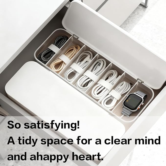 Cable Organizer Box with 7 Wire Ties, 1 Pack Desktop Cord Management Storage Case with Lid, 7 Compartments for Chargers Cables for Office Home Desk Accessories Cords (White)