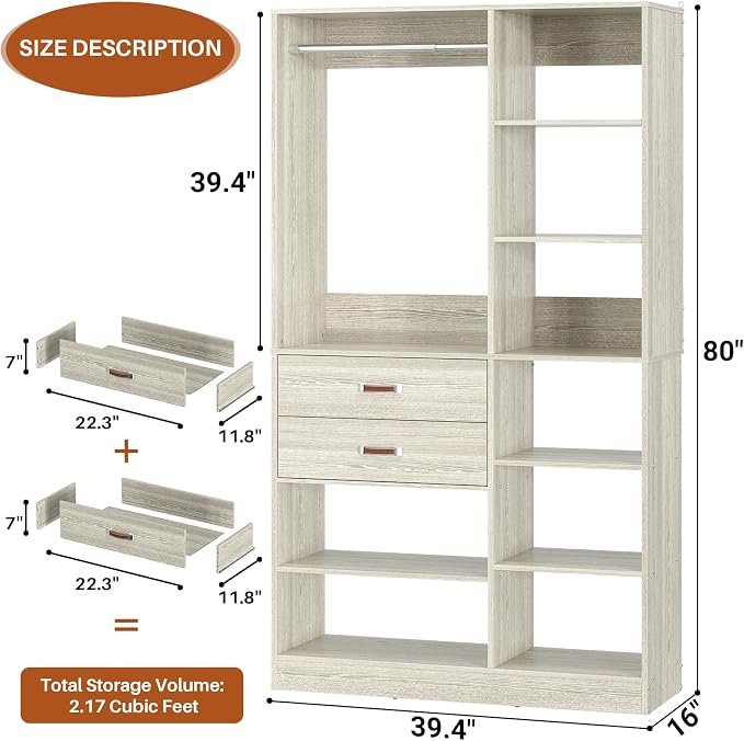 Armocity Freestanding Closet System, 40 Inches Stand-Alone Wardrobe with 10 Shelves, 80'' Height Adjustable Cloth Garment Rack with 2 Wood Drawers, Wood Walk-in Closet with Hanging Rod, White Oak