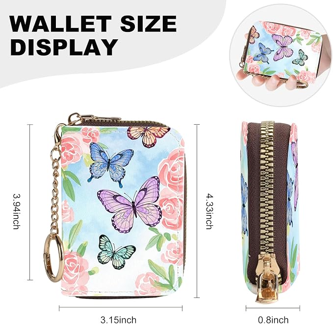 Credit Card Holder for Women,Small Rfid Wallet with Keychain Zipper,Cute PU Leather Card Case Wallet，Accordion Credit Card Wallets Gift,Pink Flowers and Butterflies