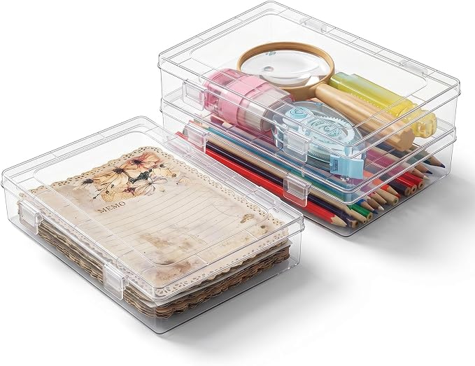 12 Pack Clear Plastic Storage Containers with Lids, 8 x 5 x 1.75 Inch Stackable Hinged Boxes, Empty Organizer for Home Office Craft Supplies, Small Parts Hardware Gadgets