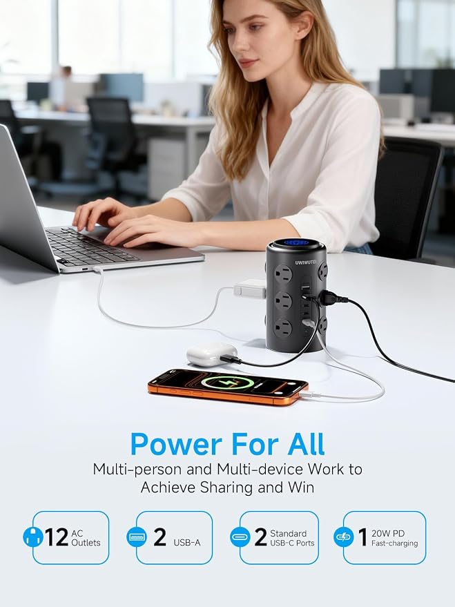 Tower Power Strip with 1 Dedicated PD 20W Fast-Charging Port, 12 Outlets, 5 USB Ports (3 USB-C), Desk Charging Station for Multiple Devices,10FT Extension Cord(Black)
