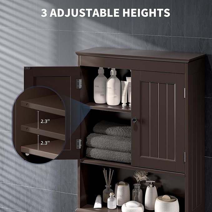 Bealife Over The Toilet Storage Cabinet with Open Shelf - Espresso | Over Toilet Bathroom Organizer with Adjustable Shelf and Double Doors, Space Saver Free Standing Storage Shelf for Bathroom