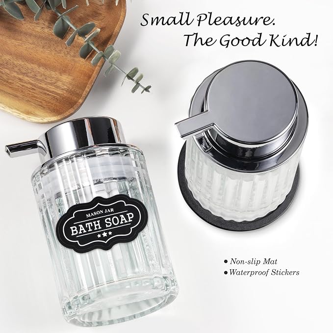 Amolliar Foaming Soap Dispenser, Plastic Pump Clear Glass Soap Dispenser, 8OZ Refillable Hand Soap Dispenser for Bathroom, Kitchen, Bath, Soap Pump Bottle for Liquid or Lotion Dispenser(Silver 1 Pack)