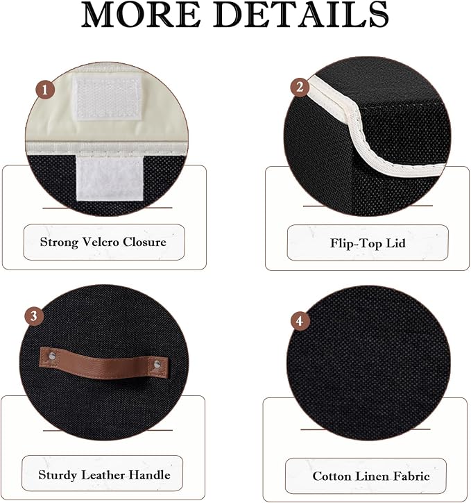 2PCS Collapsible Storage Boxes Baskets with Lid Cotton Linen Fabric Storage Bins with Faux Leather Handles Washable Cube Organizer Container for Home Closet Bedroom (Black, Large Size)