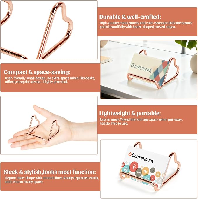 Qomamount Business Card Holder,Cute Heart-Shaped Metal Card Display Stand,Vertical Desktop Name Card Organizer,Small Phone Stand & Photo Holder for Office,Wedding,Reception,Exhibition(Rose gold)