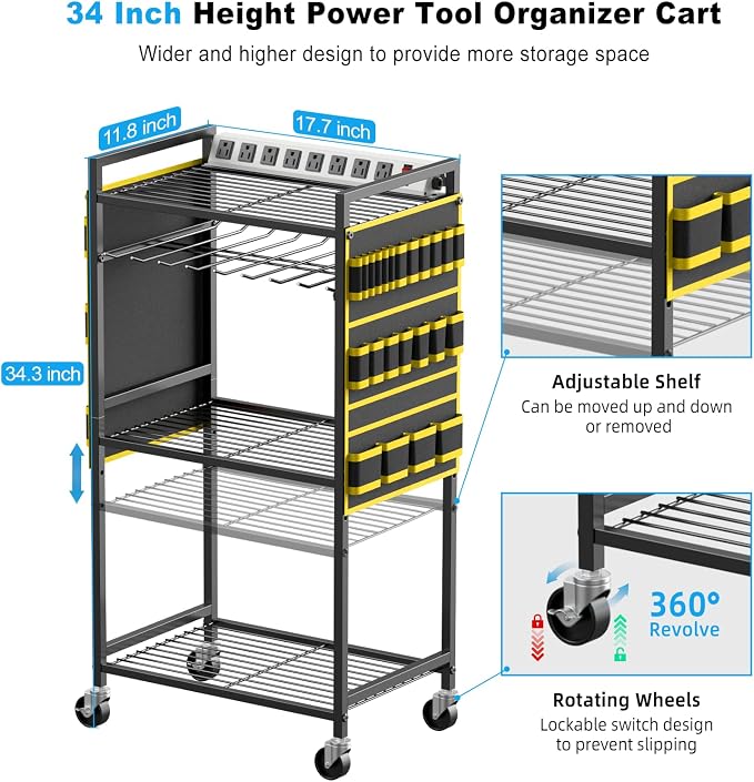JUNNUJ Large Power Tool Organizer Cart with Charging Station, Garage Floor Standing Rolling Drill and Tools Battery Storage Cart on Wheels, Heavy Duty Rack with 8 Outlet 10 FT Power Strip, Yellow