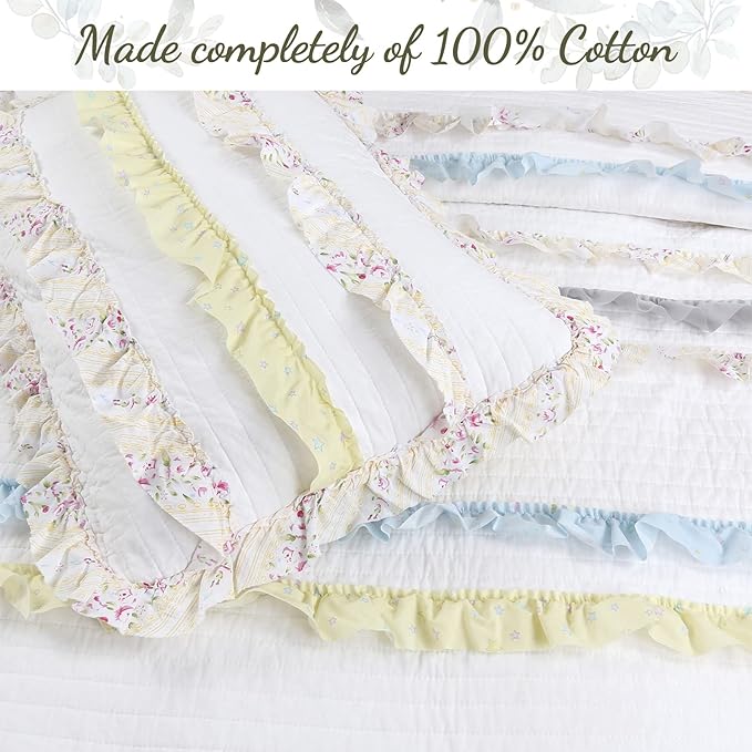 Cozy Line Home Fashions Light Yellow Blue Ruffle Stripe Floral 100% Cotton Reversible Girl Quilt Bedding Set, Reversible Coverlet Bedspread for All Season (California Dreaming, Twin-2 Piece)