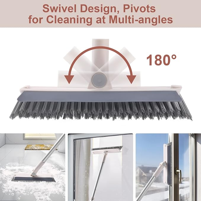 Grout Brush with Long Handle, 2 in 1 Floor Scrub Brush with Squeegee | Shower Scrubber Cleaner Swivel Stiff Bristle for Cleaning Baseboards Tile Floors Bathroom Wall