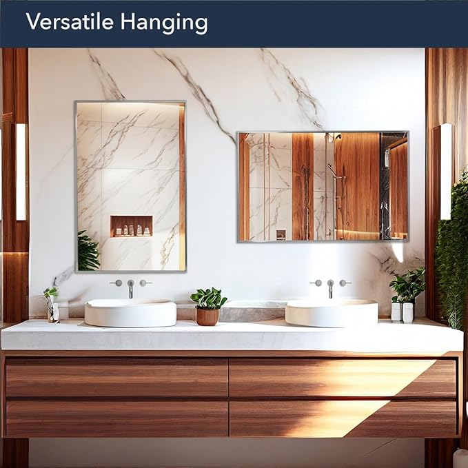 Head West Spectrum Modern Rectangular Mirror 22" x 34", Brushed Nickel Finished Stainless Steel Framed Bathroom Mirrors for Over Sink and Living Room and Entry Way