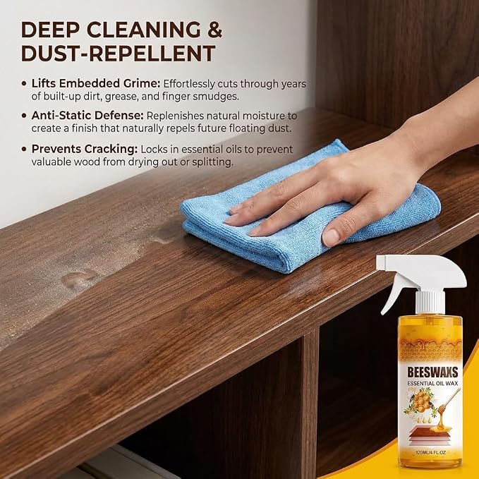 Besewax Wood Polish Spray, Natural Essential Oil Wax Cleaner for Furniture, Floors, Cabinets & Tables, Restores Shine, Reduce Scratches, Protects & Conditions Wood Surfaces, 8 fl oz