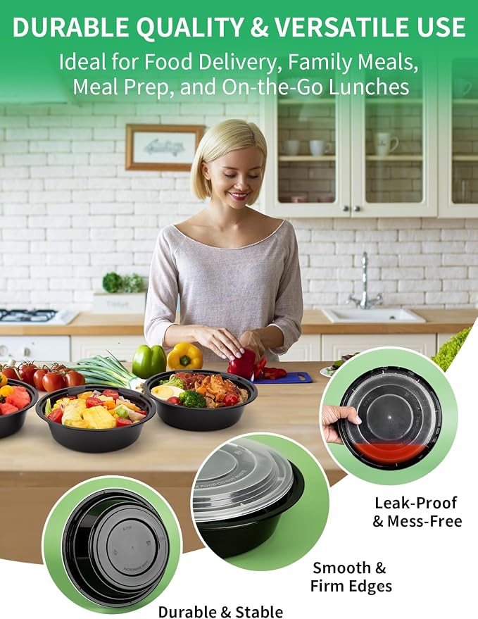 UMT Plastar 32 oz Round Meal Prep Bowls with Lids, 50 Pack BPA-Free Containers
