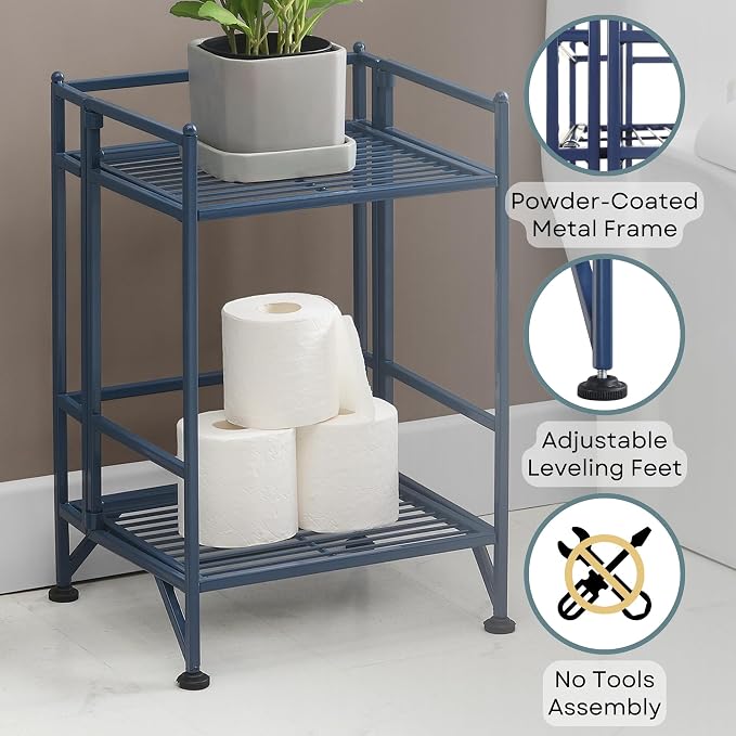 Convenience Concepts Xtra Storage Shelves - 2 Tier Folding Metal Organizer Shelf for Office, Closet, Laundry Room, Garage, Kitchen, Bathroom, & Bedroom, No Tools Assembly, Cobalt Blue