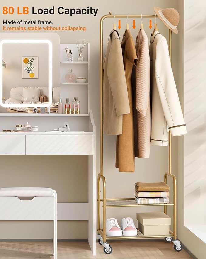 AOODA Small Clothes Rack with Shelves, Metal Sturdy Rolling Clothing Racks for Hanging Clothes, Portable Garment Rack with Wheels for Shirts, Coats, Shoes, Bags (Gold)
